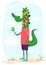 Cartoon funny and happy crocodile standing on the summer meadow. Vector illustration