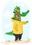 Cartoon funny and happy crocodile standing on the summer meadow. Vector illustration