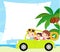 Cartoon funny happy family goes on holiday by car