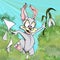 Cartoon funny hare jumping with a flower in his hand