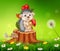 Cartoon funny hedgehog sitting on tree stump