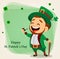 Cartoon funny leprechaun with smoking pipe and walking cane