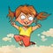 Cartoon funny little girl joyfully jumping