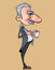 Cartoon funny long nosed man in a tailcoat with a cup in hand