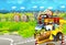 Cartoon funny looking train on the train station near the city and excavator digger car driving and plane flying - illustration