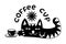 Cartoon funny lying cat under the sun. With a cup of coffee and the inscription - coffee cup. Black and white