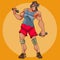 Cartoon funny male athlete doing exercises with dumbbells