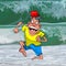Cartoon funny man runs away from a big wave