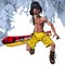 Cartoon funny man walks with a snowboard