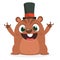 Cartoon funny marmot or chipmunk in major hat waving with smile. Vector illustration. Groundhog day.