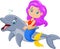 Cartoon funny mermaid swimming with friendly dolphin