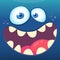 Cartoon funny monster face. Vector Halloween blue monster avatar with wide smile