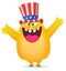 Cartoon funny monster wearing American uncle Sam hat on USA Independence Day