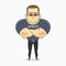 Cartoon funny muscular vector guard looking for bad guys. Strong Athletic man in black clothes. Protection of property and