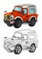 Cartoon funny off road fire fighter truck looking like monster truck isolated - coloring page