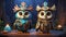 Cartoon funny owls in shamanic costumes. Generative AI