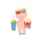 Cartoon funny pig. Piglet with drink and popcorn