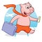 Cartoon funny piggy with suitcase running on a plane