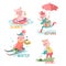 Cartoon, funny pigs with seasonal activity set - summer, autumn, winter, spring