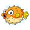 Cartoon funny puffer fish isolated on white background