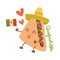 Cartoon funny quesadilla character in Mexican hat with kawaii face, hands and legs. Hand drawn cute emoji. Vector flat emoticon