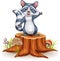 Cartoon funny raccoon cartoon waving hand on tree stump