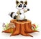 Cartoon funny raccoon cartoon waving hand on tree stump