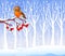 Cartoon funny robin bird on the berry tree with winter background