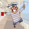 Cartoon funny sailor with flags in hands on deck of ship