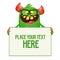 Cartoon funny smart monster wearing eyeglasses and holding empty placard with text.