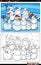 Cartoon funny snowmen characters coloring book page