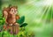 Cartoon funny squirrel holding pine cone and standing on tree stump with green plants