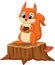 Cartoon funny squirrel holding a pine cone on tree stump
