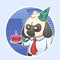 Cartoon funny sticker illustration of businessman boss sheep with a grumpy expression with cake and party hat. Hard work stress an