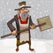 Cartoon funny surprised janitor stands with shovel in the snowfall