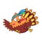Cartoon funny turkey bird in indian headband with feathers runs away for Thanksgiving