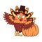 Cartoon funny turkey bird in a pilgrim hat leaned on a pumpkin for thanksgiving dinner