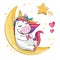 Cartoon funny unicorn on a Moon. Cute little pony on white background. Starry sky. Wonderland. Fabulous animal. Vector.