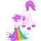 Cartoon funny unicorn pukes liquid rainbow