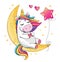 Cartoon funny unicorn on white background. Cute little pony with balloon on a Moon. Wonderland. Fabulous animal. Vector.