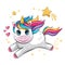 Cartoon funny unicorn on a white background. Cute little pony with stars and heart. Wonderland. Fabulous animal. Vector.