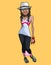 Cartoon funny woman in fashionable summer clothes and hat