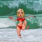 Cartoon funny woman runs away from a big wave