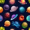 Cartoon futuristic planets, stars seamless pattern