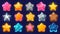 Cartoon game star. Level up and win bonus UI icon for mobile game and web application, colorful various stars of