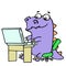 Cartoon gamer croc played on laptop. Vector illustration.