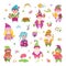 Cartoon garden gnomes, fairy dwarf characters. Cute flat female and male dwarfs, vegetables, plants and birds. Summer