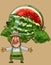 Cartoon gardener man shows a huge open watermelon