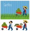 Cartoon gardeners work. Set cartoon character farmers with a crop of vegetables
