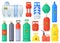 Cartoon gas cylinders. Pressure oxygen cylinder, metal tank with industrial flammable fuel, lpg bottle propane butan